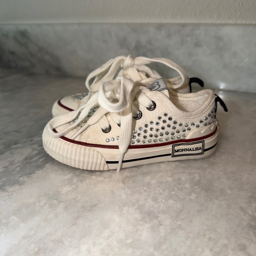 Monnalisa Girls Sneakers 9 White Rhinestone Fur Lined Low Top Shoes‎